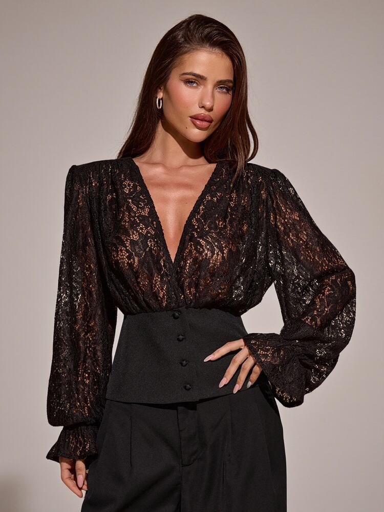 SHEIN BAE 優雅性感蕾絲拼接夾克 - 黑色 - 查看 4