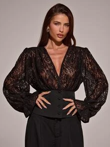 SHEIN BAE Elegant Sexy Lace Patchwork Jacket - Black - View 5