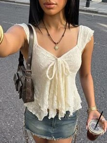 Sweetina 蕾丝波西米亚风上衣，度假休闲风，不对称下摆和短袖，适合7月4日美国独立日，女士可爱夏季外出上衣 - 白色 - 查看 1