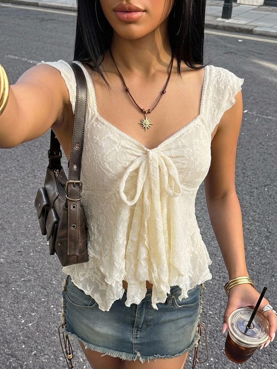 Sweetina 蕾丝波西米亚风上衣,度假休闲风,不对称下摆和短袖,适合7月4日美国独立日,女士可爱夏季外出上衣 - 白色 - 查看 1