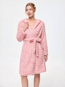 Bonmuse Autumn/Winter Girls' Rabbit Ear Hooded Bathrobe, Gentle Light Pink Heart Jacquard Texture With Outstanding Quality. Long Sleeve Open Front Wrap Design With Waist Tie For Easy Shaping, Fluffy Fleece Fabric For Warmth And Softness Without Pressure. Loose Mid-Length Cut For Comfortable And Relaxed Fit, Perfect For Home And Morning Wear, Cute And Healing - Pink - View 5