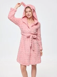 Bonmuse Autumn/Winter Girls' Rabbit Ear Hooded Bathrobe, Gentle Light Pink Heart Jacquard Texture With Outstanding Quality. Long Sleeve Open Front Wrap Design With Waist Tie For Easy Shaping, Fluffy Fleece Fabric For Warmth And Softness Without Pressure. Loose Mid-Length Cut For Comfortable And Relaxed Fit, Perfect For Home And Morning Wear, Cute And Healing - Pink - View 1