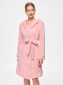 Bonmuse Autumn/Winter Girls' Rabbit Ear Hooded Bathrobe, Gentle Light Pink Heart Jacquard Texture With Outstanding Quality. Long Sleeve Open Front Wrap Design With Waist Tie For Easy Shaping, Fluffy Fleece Fabric For Warmth And Softness Without Pressure. Loose Mid-Length Cut For Comfortable And Relaxed Fit, Perfect For Home And Morning Wear, Cute And Healing - Pink - View 3