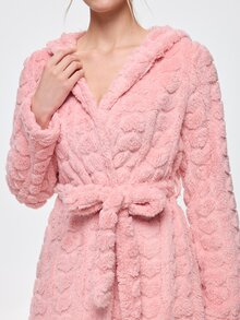 Bonmuse Autumn/Winter Girls' Rabbit Ear Hooded Bathrobe, Gentle Light Pink Heart Jacquard Texture With Outstanding Quality. Long Sleeve Open Front Wrap Design With Waist Tie For Easy Shaping, Fluffy Fleece Fabric For Warmth And Softness Without Pressure. Loose Mid-Length Cut For Comfortable And Relaxed Fit, Perfect For Home And Morning Wear, Cute And Healing - Pink - View 6
