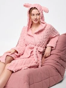 Bonmuse Autumn/Winter Girls' Rabbit Ear Hooded Bathrobe, Gentle Light Pink Heart Jacquard Texture With Outstanding Quality. Long Sleeve Open Front Wrap Design With Waist Tie For Easy Shaping, Fluffy Fleece Fabric For Warmth And Softness Without Pressure. Loose Mid-Length Cut For Comfortable And Relaxed Fit, Perfect For Home And Morning Wear, Cute And Healing - Pink - View 8