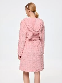 Bonmuse Autumn/Winter Girls' Rabbit Ear Hooded Bathrobe, Gentle Light Pink Heart Jacquard Texture With Outstanding Quality. Long Sleeve Open Front Wrap Design With Waist Tie For Easy Shaping, Fluffy Fleece Fabric For Warmth And Softness Without Pressure. Loose Mid-Length Cut For Comfortable And Relaxed Fit, Perfect For Home And Morning Wear, Cute And Healing - Pink - View 2
