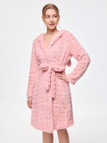 Bonmuse Autumn/Winter Girls' Rabbit Ear Hooded Bathrobe, Gentle Light Pink Heart Jacquard Texture With Outstanding Quality. Long Sleeve Open Front Wrap Design With Waist Tie For Easy Shaping, Fluffy Fleece Fabric For Warmth And Softness Without Pressure. Loose Mid-Length Cut For Comfortable And Relaxed Fit, Perfect For Home And Morning Wear, Cute And Healing - Pink - View 4