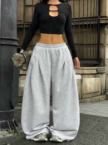 Coolane Women's Fall/Winter Streetwear Casual Sportswear All-Match Daily Wear Going Out Pleated Grey Baggy Low Rise Wide Leg Sweatpants - Grey - View 4