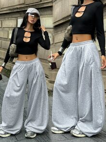 Coolane Women's Fall/Winter Streetwear Casual Sportswear All-Match Daily Wear Going Out Pleated Grey Baggy Low Rise Wide Leg Sweatpants - Grey - View 3