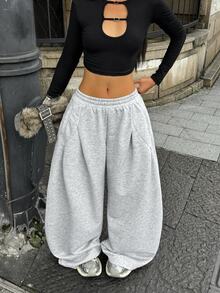 Coolane Women's Fall/Winter Streetwear Casual Sportswear All-Match Daily Wear Going Out Pleated Grey Baggy Low Rise Wide Leg Sweatpants - Grey - View 6
