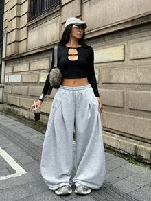 Coolane Women's Fall/Winter Streetwear Casual Sportswear All-Match Daily Wear Going Out Pleated Grey Baggy Low Rise Wide Leg Sweatpants - Grey - View 2