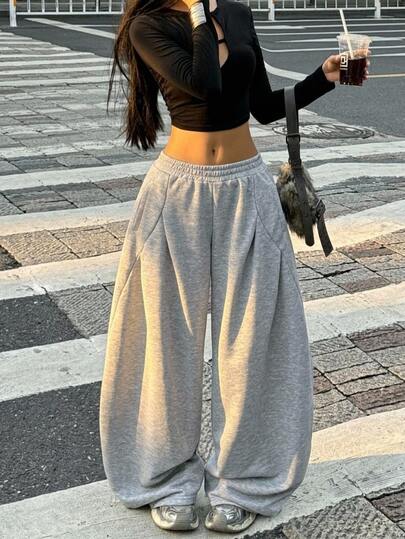 Coolane Women's Fall/Winter Streetwear Casual Sportswear All-Match Daily Wear Going Out Pleated Grey Baggy Low Rise Wide Leg Sweatpants