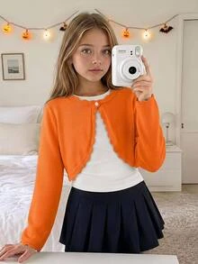 SHEIN Elladie kids Cardigan Kasual Serbaguna Warna Polos untuk Remaja Perempuan, Cocok untuk Pakaian Sehari-hari, Musim Gugur dan Musim Dingin - Jeruk - View 9