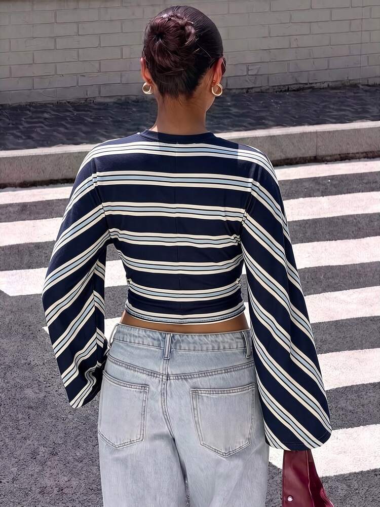 Muchica Autumn New Deep Blue Batwing Sleeve Fitted Long Sleeve T-Shirt, Elegant Casual Fashion Basic Top For Spring Summer Autumn Winter, Suitable For Outings And Parties, Women - Multicolor - View 2