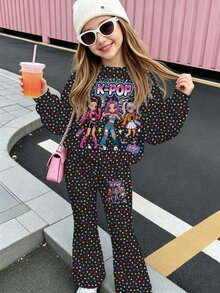 女童小女孩字母卡通印花長袖秋季運動衫與運動長褲休閒日常套裝 - 彩色 - 查看 7