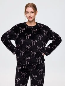 Bonmuse Autumn/Winter Soft Coral Fleece 2 Pieces Loungewear Set, Light Pink Bow Pattern, Round Neck Long Sleeve Pajamas, Elastic Waist Long Pants - Black - View 2