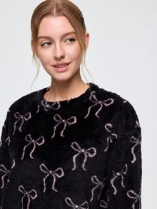 Bonmuse Autumn/Winter Soft Coral Fleece 2 Pieces Loungewear Set, Light Pink Bow Pattern, Round Neck Long Sleeve Pajamas, Elastic Waist Long Pants - Black - View 6