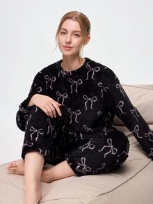 Bonmuse Autumn/Winter Soft Coral Fleece 2 Pieces Loungewear Set, Light Pink Bow Pattern, Round Neck Long Sleeve Pajamas, Elastic Waist Long Pants - Black - View 1