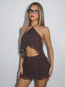 SHEIN ICON 女士层叠荷叶边露背吊带迷你连衣裙 - 棕色 - 查看 1