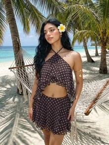SHEIN ICON 女士层叠荷叶边露背吊带迷你连衣裙 - 棕色 - 查看 3