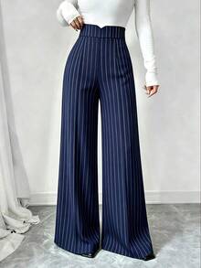 EMERY ROSE Plus Size Navy Vertical Pinstripe Wide Leg Pants Women V Notch High Waist Hidden Elastic Back Trousers,Elegant Flowy Straight SuitPantsForOffice&Daily - Multicolor - View 3