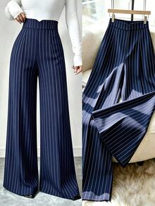 EMERY ROSE Plus Size Navy Vertical Pinstripe Wide Leg Pants Women V Notch High Waist Hidden Elastic Back Trousers,Elegant Flowy Straight SuitPantsForOffice&Daily - Multicolor - View 1