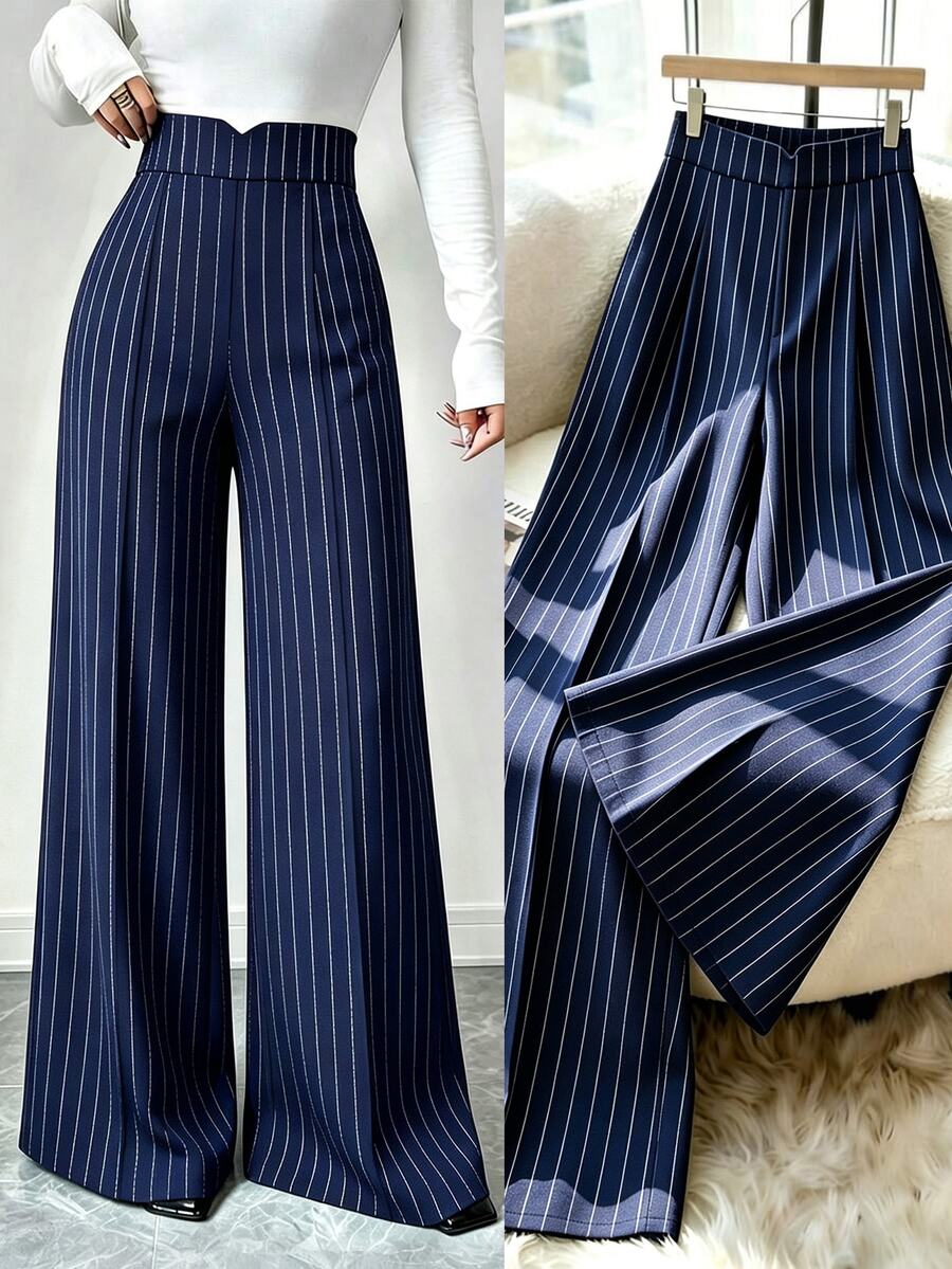 EMERY ROSE Plus Size Navy Vertical Pinstripe Wide Leg Pants Women V Notch High Waist Hidden Elastic Back Trousers,Elegant Flowy Straight SuitPantsForOffice&Daily - Multicolor - View 1