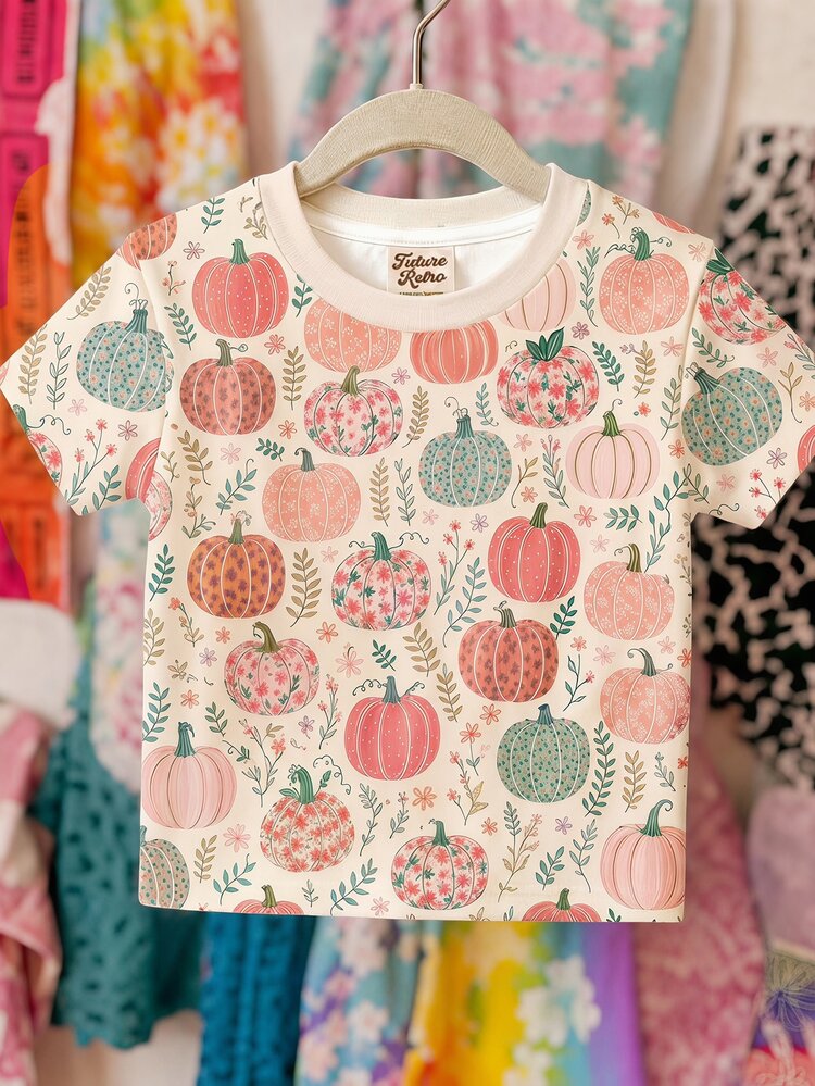 Cute Hand-Drawn Pastoral Colorful Pumpkin Floral Illustration Print, Young Girl Casual Minimalist Round Neck Short Sleeve T-Shirt, Summerween, Pumpkin Season, Autumn Vibes, Chill Chill, Farm, Outdoor - Multicolor - View 7