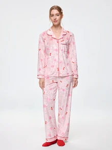 Bonmuse Women's Autumn/Winter Heart & Cherry Pattern Velvet Trim Front Pocket Long Sleeve Pants Pajama Set Loungewear - Baby Pink - View 3