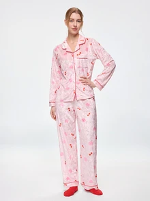 Bonmuse Women's Autumn/Winter Heart & Cherry Pattern Velvet Trim Front Pocket Long Sleeve Pants Pajama Set Loungewear - Baby Pink - View 4