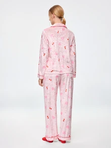 Bonmuse Women's Autumn/Winter Heart & Cherry Pattern Velvet Trim Front Pocket Long Sleeve Pants Pajama Set Loungewear - Baby Pink - View 2