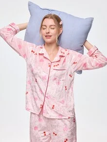 Bonmuse Women's Autumn/Winter Heart & Cherry Pattern Velvet Trim Front Pocket Long Sleeve Pants Pajama Set Loungewear - Baby Pink - View 8