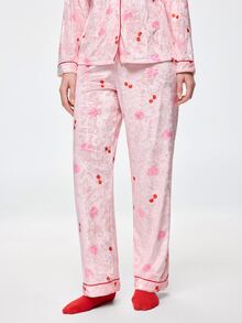 Bonmuse Women's Autumn/Winter Heart & Cherry Pattern Velvet Trim Front Pocket Long Sleeve Pants Pajama Set Loungewear - Baby Pink - View 7
