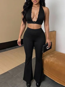 BamGleam Women's Black Sexy Chain Two Pieces Set - Black - View 9