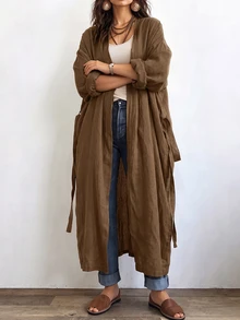 Linhara CURVE 女款長版休閒亞麻外套，適合外出與通勤的休閒外衣 - 卡其色 - 查看 5