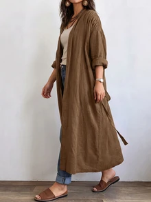 Linhara CURVE 女款長版休閒亞麻外套，適合外出與通勤的休閒外衣 - 卡其色 - 查看 6
