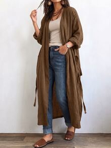 Linhara CURVE 女款長版休閒亞麻外套，適合外出與通勤的休閒外衣 - 卡其色 - 查看 3