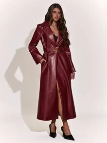 SHEIN BAE Women's Solid Color PU Leather Lapel Neck Long Sleeve Elegant Long Trench Coat - Burgundy - View 7