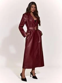 SHEIN BAE Women's Solid Color PU Leather Lapel Neck Long Sleeve Elegant Long Trench Coat - Burgundy - View 4