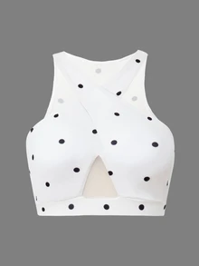 BamGleam New Hot-Selling Polka Dot Criss-Cross Hollow Mesh Push-Up Halter Neck Sports Top - White - View 3