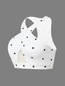 BamGleam New Hot-Selling Polka Dot Criss-Cross Hollow Mesh Push-Up Halter Neck Sports Top - White - View 2
