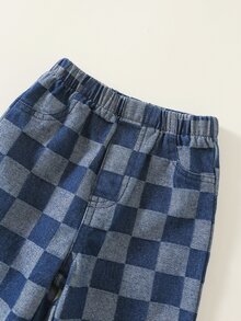 SHEIN 男女嬰兒適用，男嬰2件組秋冬保暖內裡加厚休閒可愛親子標語圖案衛衣套裝，棋盤格牛仔褲，丹寧，嬰兒冬季套裝 - 黃色 - 查看 5