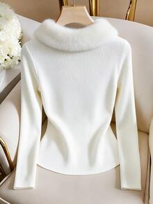 Balvessa Women's Autumn/Winter Fur Collar Mixed Material Patchwork Ribbed Knit Slim Fit Long Sleeve Base Layer T-Shirt Tea Party Everyday White Elegant - White - View 2