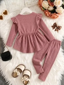 SHEIN Elladie kids Girls Heart & Letter Print Flutter Sleeve Ribbed Brushed Cinched Waist Ruffle Top + Long Pants 2 Pieces Set, Autumn/Winter Casual Outfit - Pink - View 2