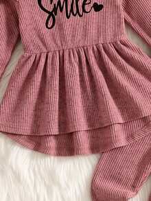 SHEIN Elladie kids Girls Heart & Letter Print Flutter Sleeve Ribbed Brushed Cinched Waist Ruffle Top + Long Pants 2 Pieces Set, Autumn/Winter Casual Outfit - Pink - View 6