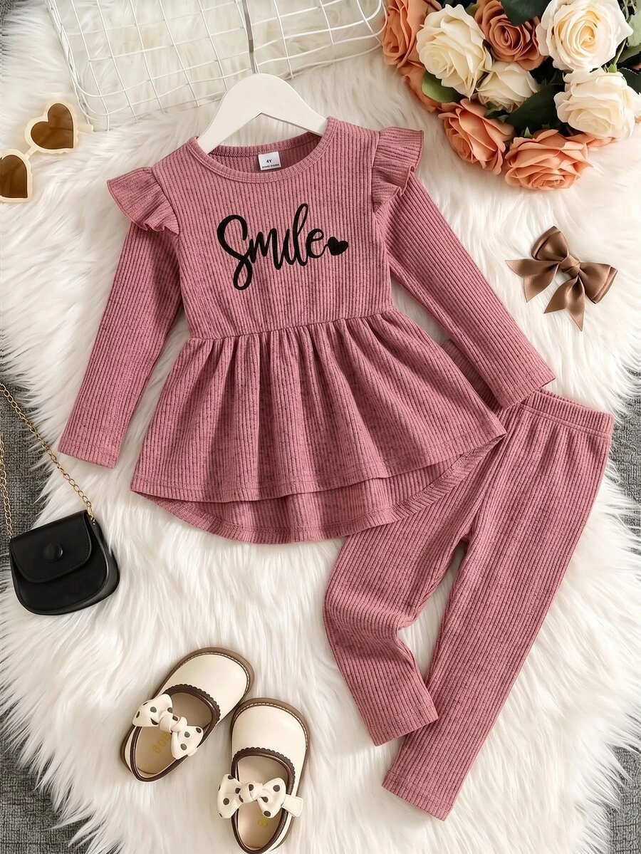 SHEIN Elladie kids Girls Heart & Letter Print Flutter Sleeve Ribbed Brushed Cinched Waist Ruffle Top + Long Pants 2 Pieces Set, Autumn/Winter Casual Outfit - Pink - View 1