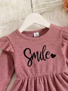 SHEIN Elladie kids Girls Heart & Letter Print Flutter Sleeve Ribbed Brushed Cinched Waist Ruffle Top + Long Pants 2 Pieces Set, Autumn/Winter Casual Outfit - Pink - View 3