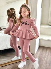 SHEIN Elladie kids Girls Heart & Letter Print Flutter Sleeve Ribbed Brushed Cinched Waist Ruffle Top + Long Pants 2 Pieces Set, Autumn/Winter Casual Outfit - Pink - View 4