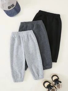 SHEIN Playful Pals 3件組幼童男孩休閒慢跑運動長褲 英倫風 黑色 灰色 炭灰色 鬆緊腰 束口拼接 錐形褲管 常規版 戶外 冬季 秋季 聖誕 運動款 - 彩色 - 查看 2