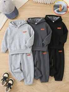 SHEIN Playful Pals 3件組幼童男孩休閒慢跑運動長褲 英倫風 黑色 灰色 炭灰色 鬆緊腰 束口拼接 錐形褲管 常規版 戶外 冬季 秋季 聖誕 運動款 - 彩色 - 查看 1